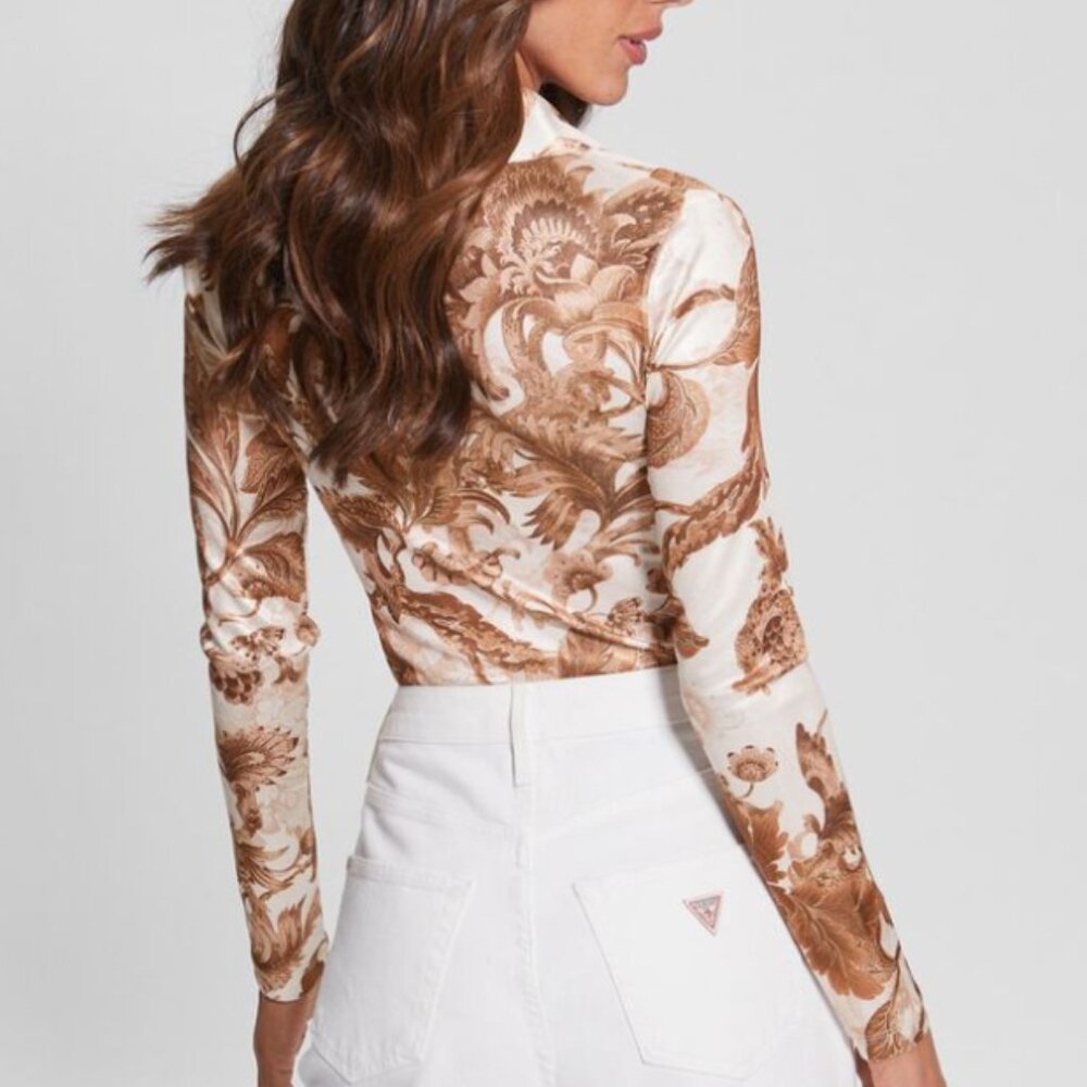 Guess Milana Floral Print Ruched Snap Front Top Brown Long Sleeve Shirt Small - Picture 3 of 8